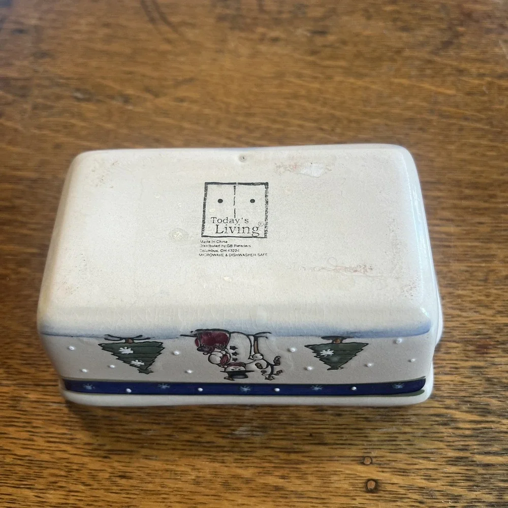 Today's Living Vintage Christmas Snowman Ceramic Mini Loaf Pan Tan Blue Holiday